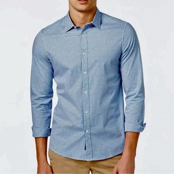 MICHAEL KORS Airsoft Stretch Gingham Button Down Shirt Blue & White NWOT - Picture 1 of 5
